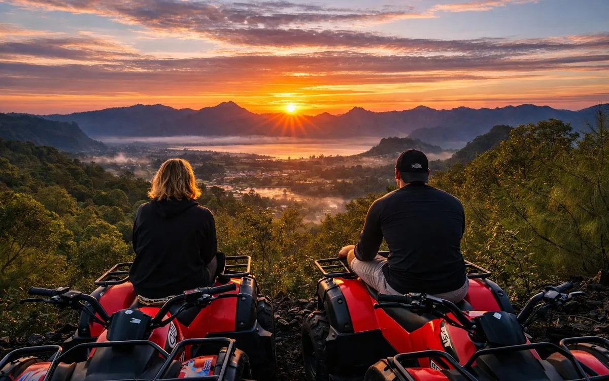An ATV crossing the black volcanic sand on the floor of the Batur caldera